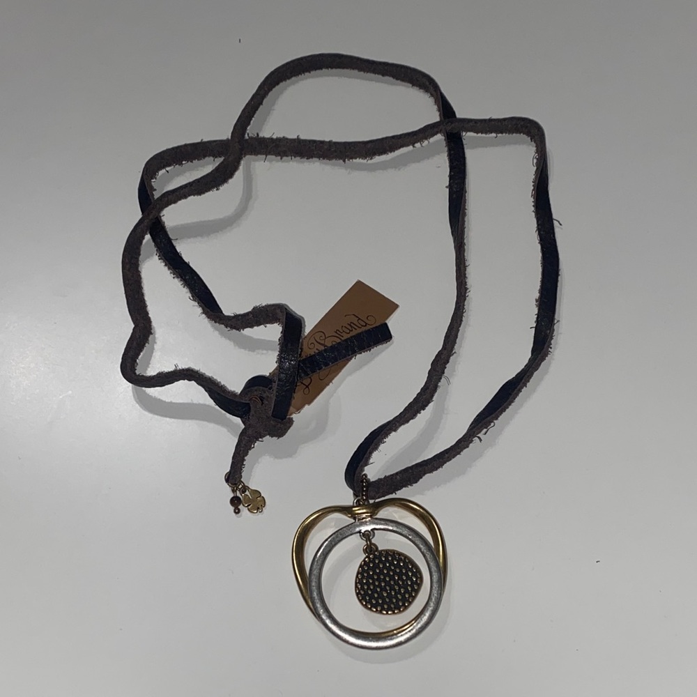 Lucky Brand Leather Gold Tone And Silver Tone Pendant Long Necklace